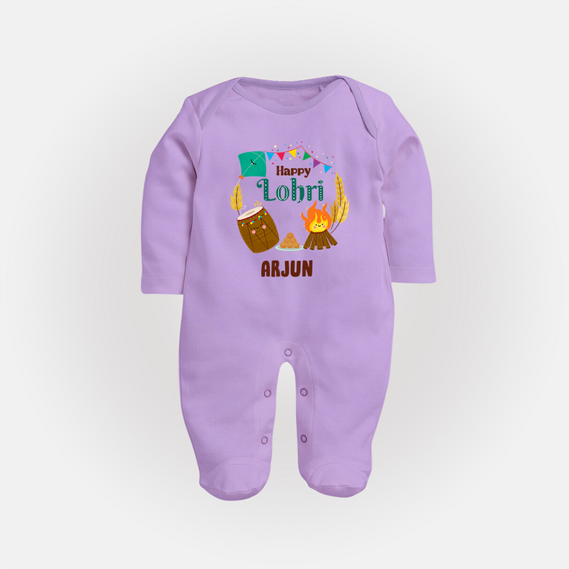 Happy Lohri - Festive Bonfire Customized Sleep Suit for Babies with Name - LILAC - New Born (Chest 7.5")