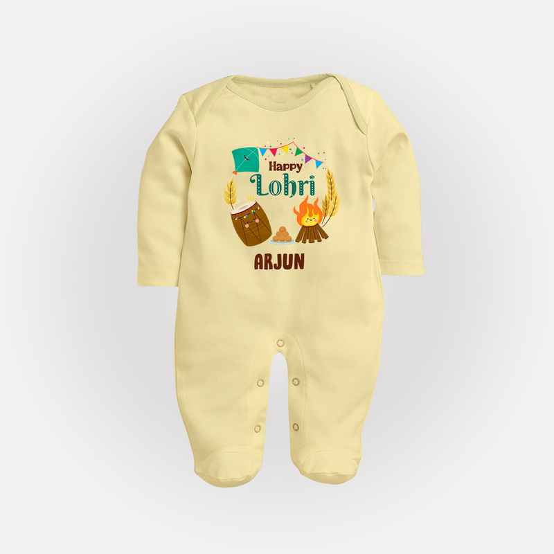 Happy Lohri - Festive Bonfire Customized Sleep Suit for Babies with Name - PASTEL YELLOW - New Born (Chest 7.5")