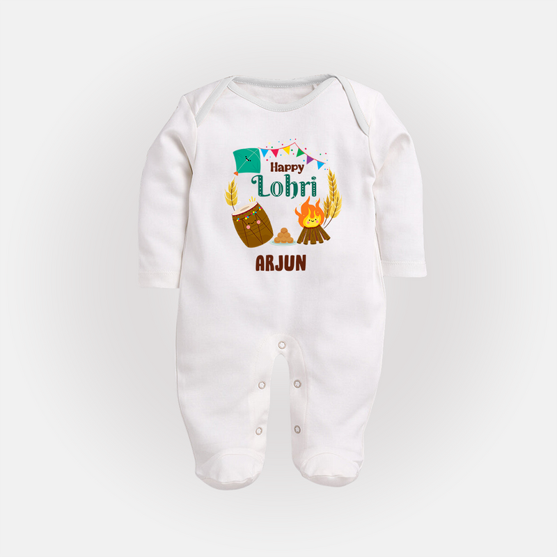 Happy Lohri - Festive Bonfire Customized Sleep Suit for Babies with Name - WHITE - New Born (Chest 7.5")