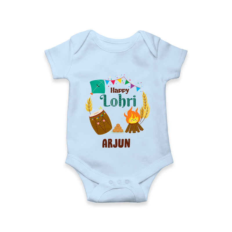 Happy Lohri - Festive Bonfire Customized Romper for Babies with Name - BABY BLUE - 0 - 3 Months Old (Chest 16")