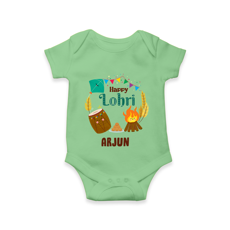 Happy Lohri - Festive Bonfire Customized Romper for Babies with Name - GREEN - 0 - 3 Months Old (Chest 16")