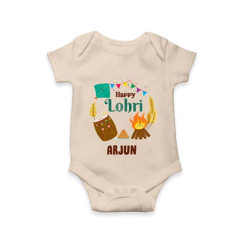 Happy Lohri - Festive Bonfire Customized Romper for Babies with Name - IVORY - 0 - 3 Months Old (Chest 16")