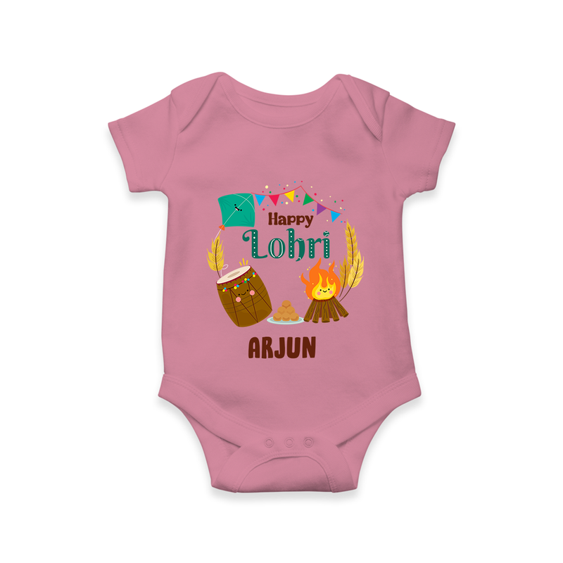 Happy Lohri - Festive Bonfire Customized Romper for Babies with Name - ONION - 0 - 3 Months Old (Chest 16")