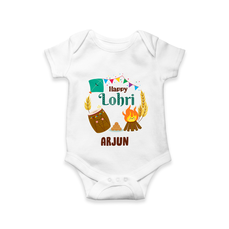 Happy Lohri - Festive Bonfire Customized Romper for Babies with Name - WHITE - 0 - 3 Months Old (Chest 16")