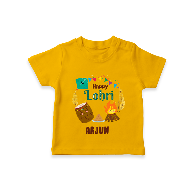 Happy Lohri - Festive Bonfire Customized T-Shirt for Kids with Name - CHROME YELLOW - 0-5 Months Old (Chest 17")