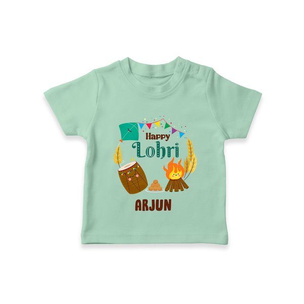 Happy Lohri - Festive Bonfire Customized T-Shirt for Kids with Name - MINT GREEN - 0-5 Months Old (Chest 17")