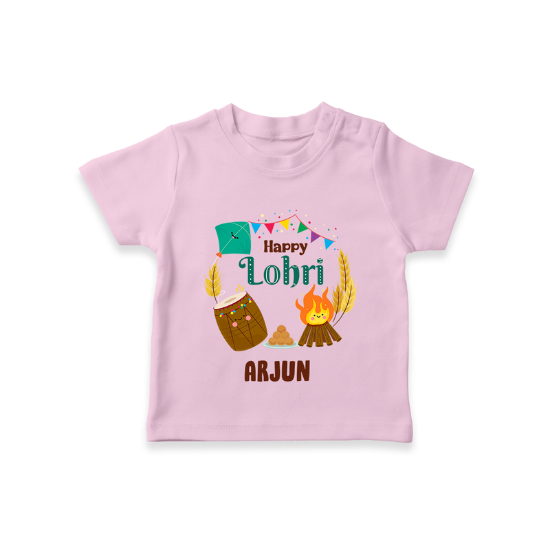 Happy Lohri - Festive Bonfire Customized T-Shirt for Kids with Name - PINK - 0-5 Months Old (Chest 17")