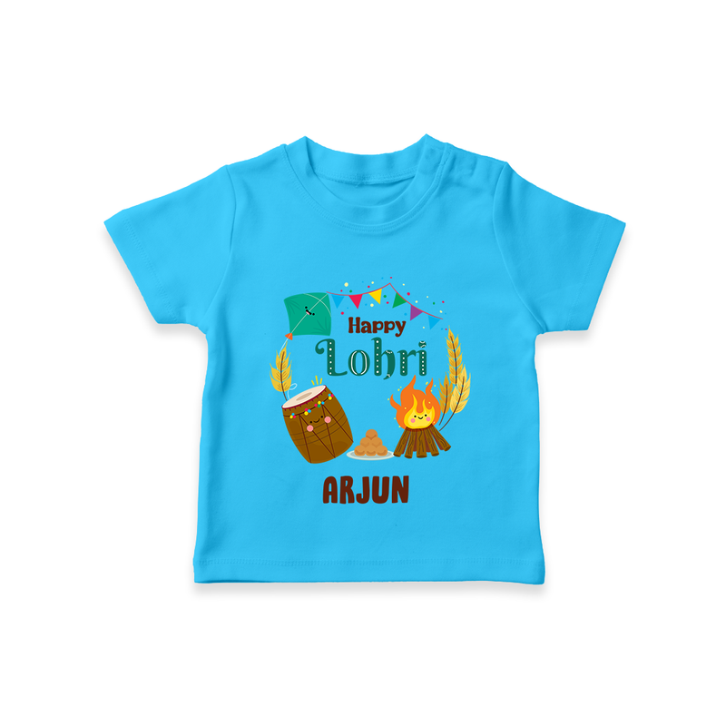 Happy Lohri - Festive Bonfire Customized T-Shirt for Kids with Name - SKY BLUE - 0-5 Months Old (Chest 17")