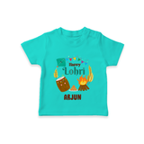 Happy Lohri - Festive Bonfire Customized T-Shirt for Kids with Name - TEAL - 0-5 Months Old (Chest 17")