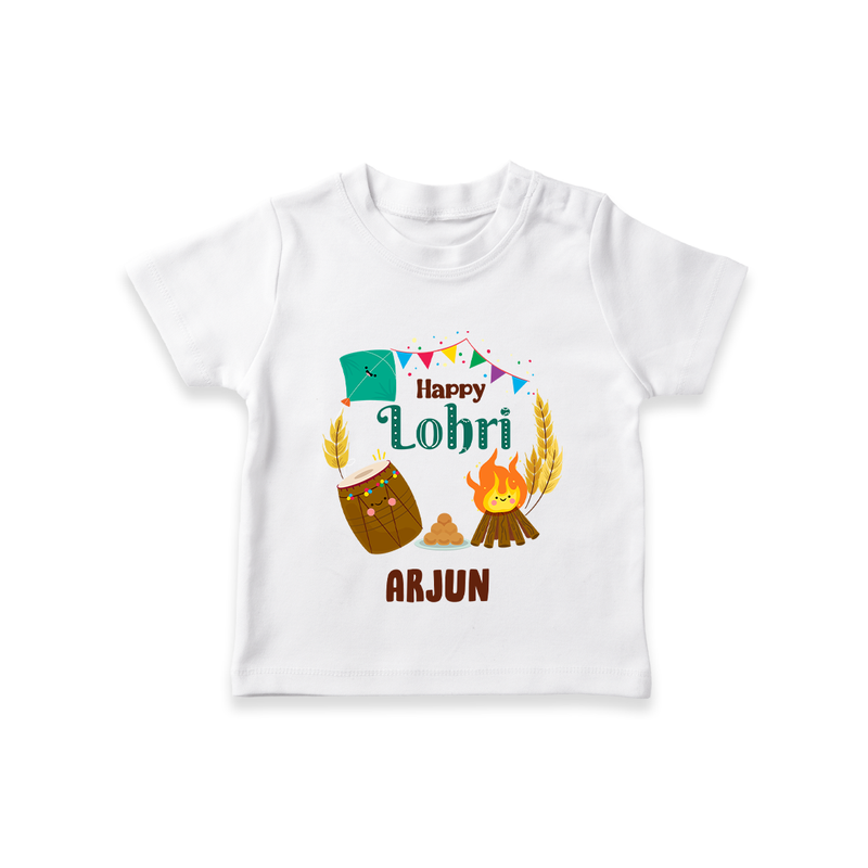 Happy Lohri - Festive Bonfire Customized T-Shirt for Kids with Name - WHITE - 0-5 Months Old (Chest 17")