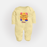 Happy Sankranti - Kite and Sunshine Sleep Suit for kids with Name - PASTEL YELLOW - New Born (Chest 7.5")