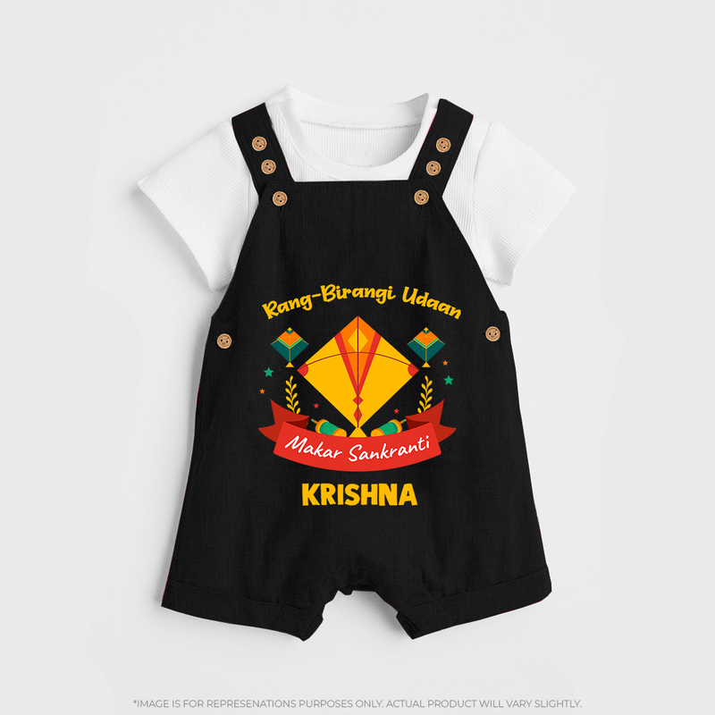 Rang-Birangi Udaan Makar Sankranti - Customized Dungaree Set For kids With Name - BLACK - 0 - 5 Months Old (Chest 18")