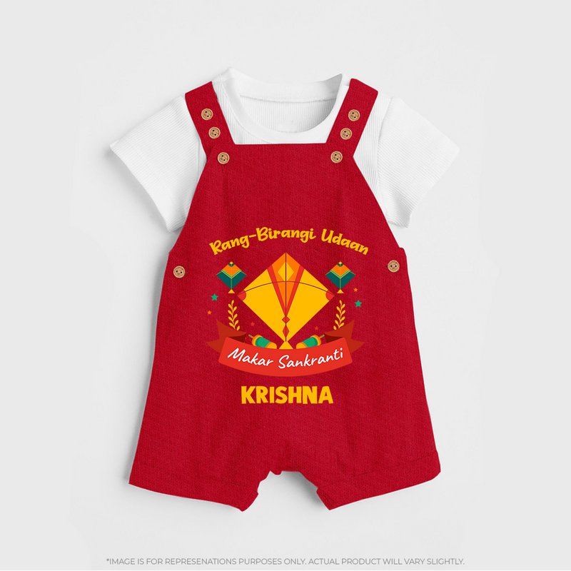 Rang-Birangi Udaan Makar Sankranti - Customized Dungaree Set For kids With Name - RED - 0 - 5 Months Old (Chest 18")