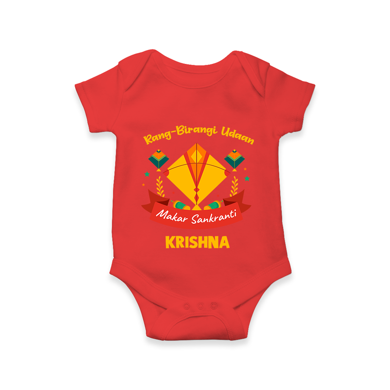 Rang-Birangi Udaan Makar Sankranti - Customized Romper For Babies With Name - RED - 0 - 3 Months Old (Chest 16")