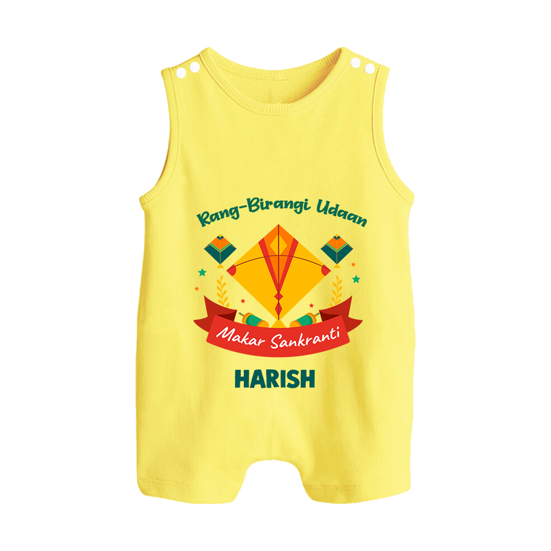 Rang-Birangi Udaan Makar Sankranti - Customized Romper Suit For kids With Name - PASTEL YELLOW - 0 - 5 Months Old (Chest 18")