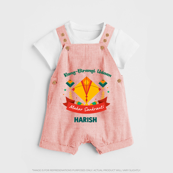 Rang-Birangi Udaan Makar Sankranti - Customized Dungaree Set For kids With Name - PEACH - 0 - 5 Months Old (Chest 18")