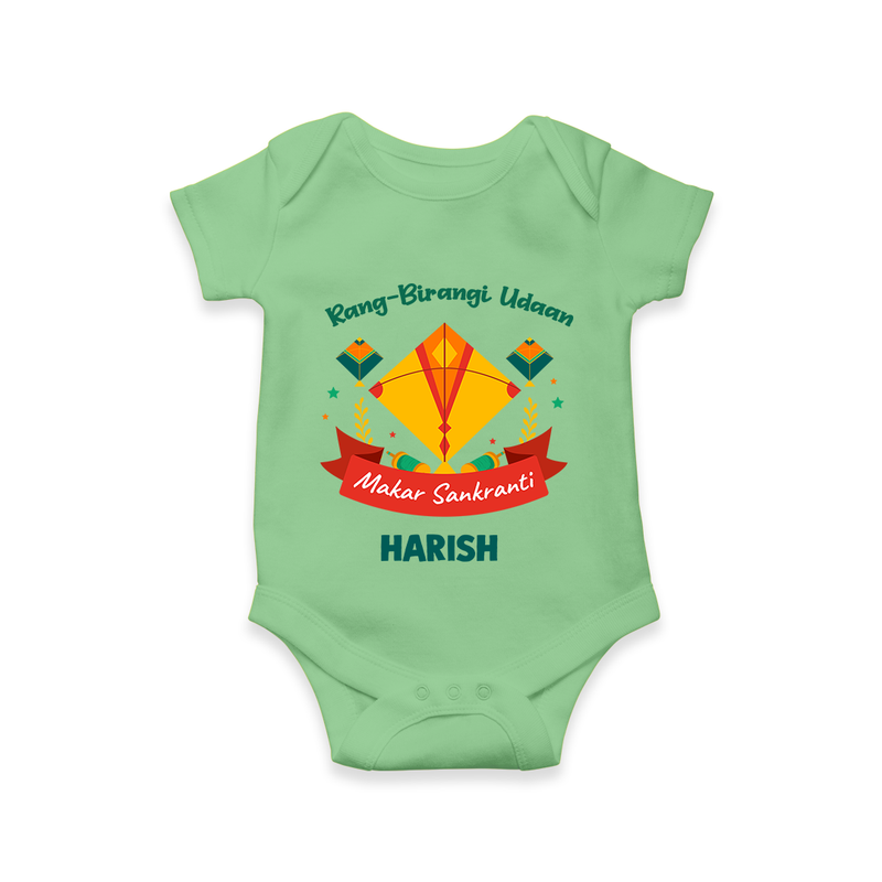 Rang-Birangi Udaan Makar Sankranti - Customized Romper For Babies With Name - GREEN - 0 - 3 Months Old (Chest 16")