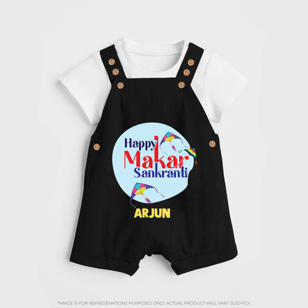 Happy Sankranti - BabyÕs First Kite Dungaree Set for kids with Name - BLACK - 0 - 5 Months Old (Chest 18")