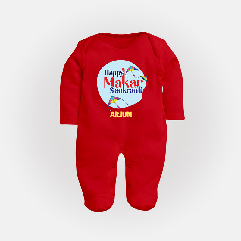 Happy Sankranti - BabyÕs First Kite Sleep Suit for kids with Name - RED - New Born (Chest 7.5")