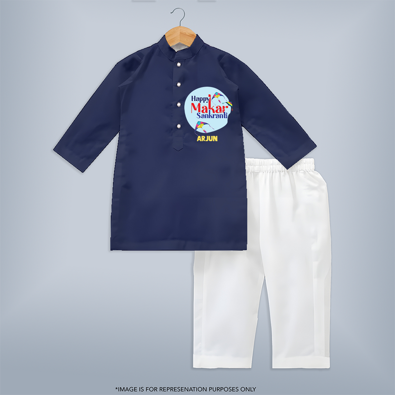 Happy Sankranti - BabyÕs First Kite Kurta Set for kids with Name - NAVY BLUE - 3 - 6 Months Old (Chest 24", Kurta Length 14'', Waist 19", Pant Length 14")