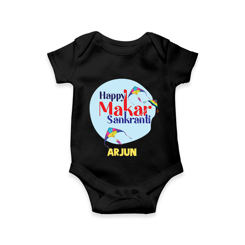 Happy Sankranti - BabyÕs First Kite Romper for Babies with Name - BLACK - 0 - 3 Months Old (Chest 16")