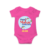 Happy Sankranti - BabyÕs First Kite Romper for Babies with Name - HOT PINK - 0 - 3 Months Old (Chest 16")