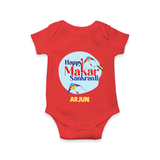 Happy Sankranti - BabyÕs First Kite Romper for Babies with Name - RED - 0 - 3 Months Old (Chest 16")