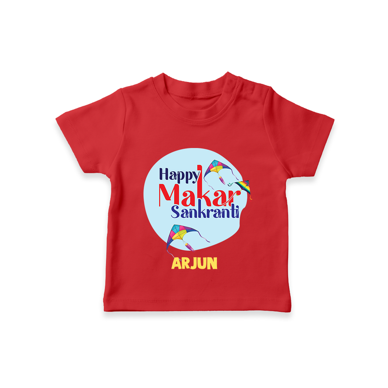 Happy Sankranti - BabyÕs First Kite T-Shirt for kids with Name - RED - 0-5 Months Old (Chest 17")