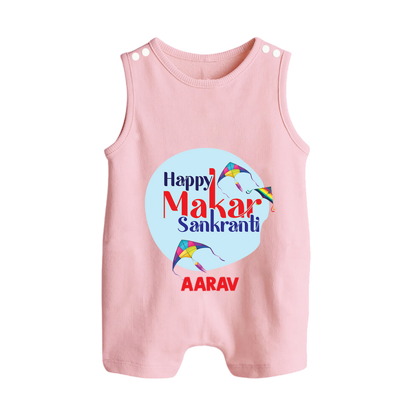 Happy Sankranti - BabyÕs First Kite Romper Suit for kids with Name - BABY PINK - 0 - 5 Months Old (Chest 18")