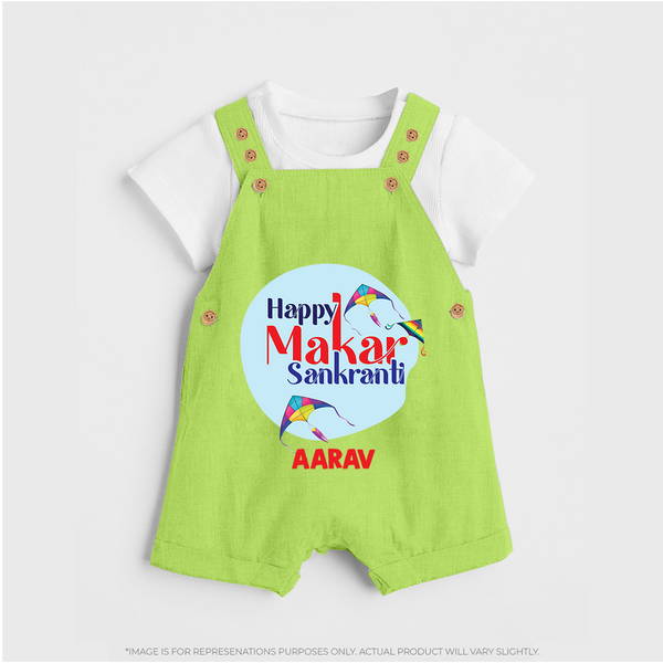 Happy Sankranti - BabyÕs First Kite Dungaree Set for kids with Name - GREEN - 0 - 5 Months Old (Chest 18")