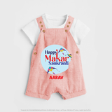 Happy Sankranti - BabyÕs First Kite Dungaree Set for kids with Name - PEACH - 0 - 5 Months Old (Chest 18")