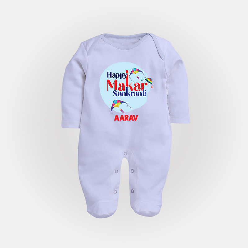 Happy Sankranti - BabyÕs First Kite Sleep Suit for kids with Name - BABY BLUE - New Born (Chest 7.5")