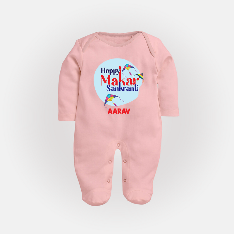 Happy Sankranti - BabyÕs First Kite Sleep Suit for kids with Name - BABY PINK - New Born (Chest 7.5")