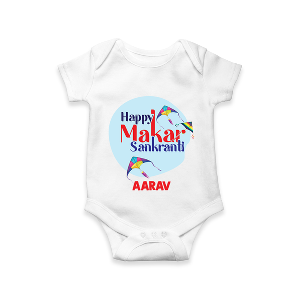 Happy Sankranti - BabyÕs First Kite Romper for Babies with Name - WHITE - 0 - 3 Months Old (Chest 16")