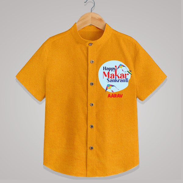 Happy Sankranti - BabyÕs First Kite Shirt for kids with Name - CHROME YELLOW - 0 - 6 Months Old (Chest 23")