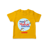 Happy Sankranti - BabyÕs First Kite T-Shirt for kids with Name - CHROME YELLOW - 0-5 Months Old (Chest 17")