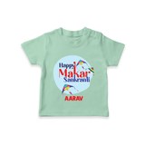 Happy Sankranti - BabyÕs First Kite T-Shirt for kids with Name - MINT GREEN - 0-5 Months Old (Chest 17")