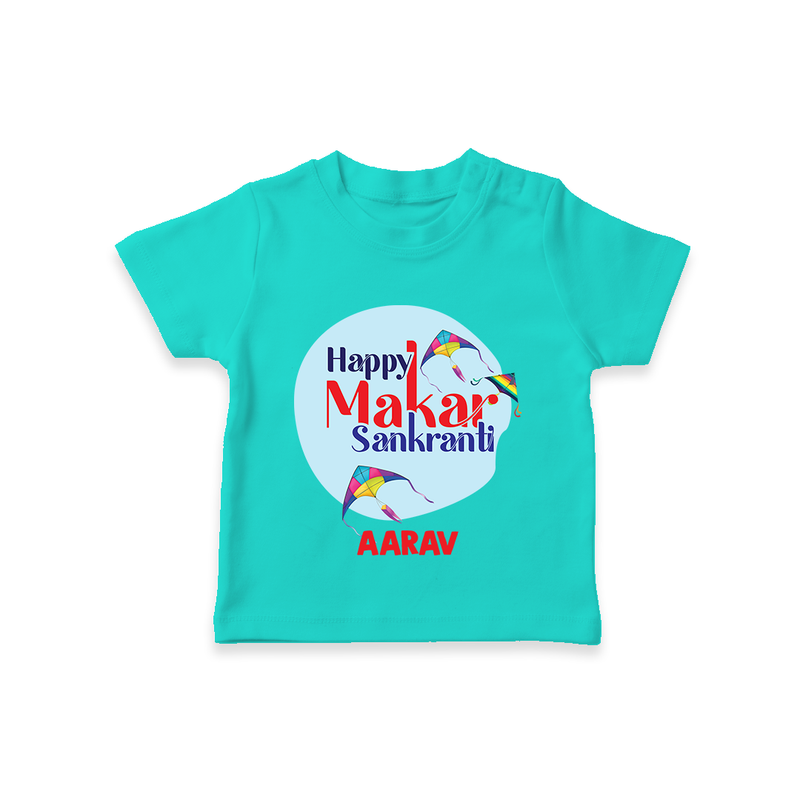 Happy Sankranti - BabyÕs First Kite T-Shirt for kids with Name - TEAL - 0-5 Months Old (Chest 17")