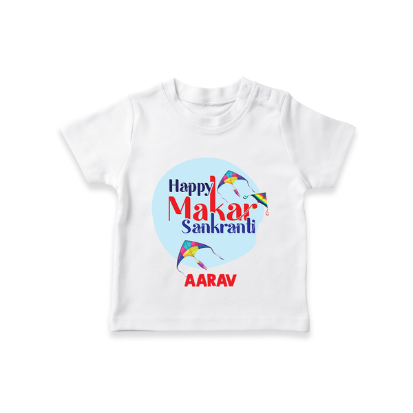 Happy Sankranti - BabyÕs First Kite T-Shirt for kids with Name - WHITE - 0-5 Months Old (Chest 17")