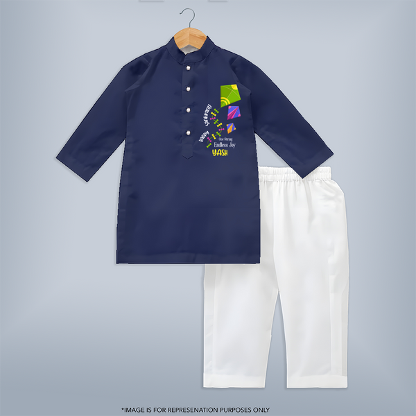 Happy Sankranti one string endless joy | Customized Kurta with Name - NAVY BLUE - 3 - 6 Months Old (Chest 24", Kurta Length 14'', Waist 19", Pant Length 14")