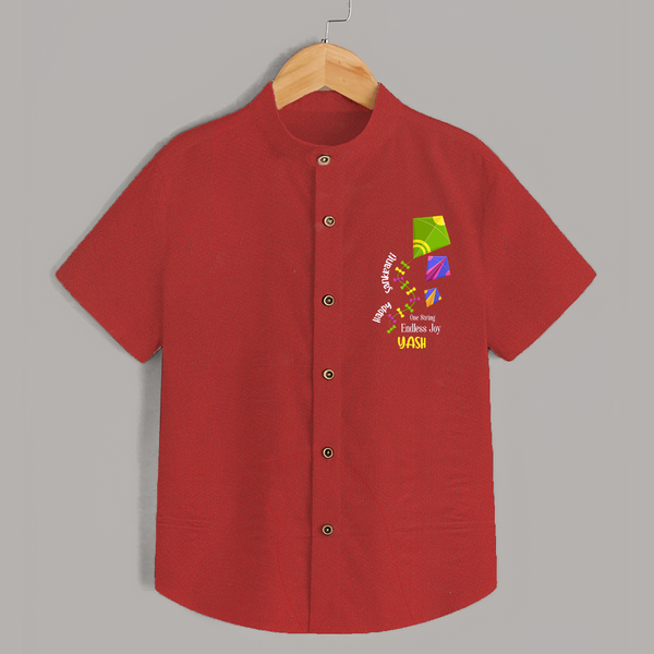 Happy Sankranti one string endless joy | Customized Shirt with Name - RED - 0 - 6 Months Old (Chest 23")