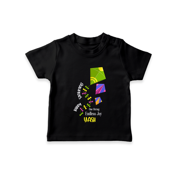 Happy Sankranti one string endless joy | Customized T-Shirt with Name - BLACK - 0-5 Months Old (Chest 17")