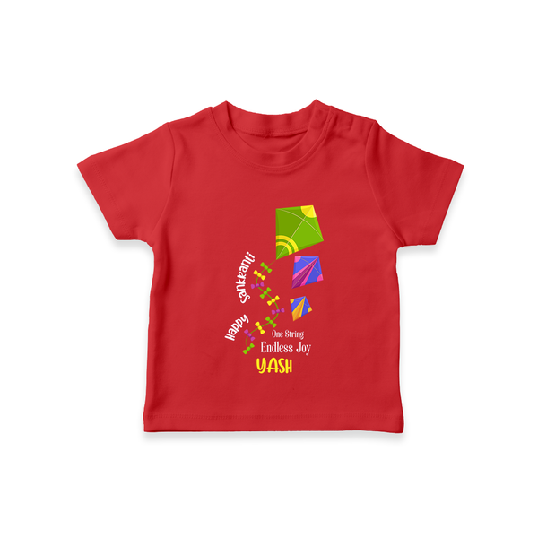 Happy Sankranti one string endless joy | Customized T-Shirt with Name - RED - 0-5 Months Old (Chest 17")