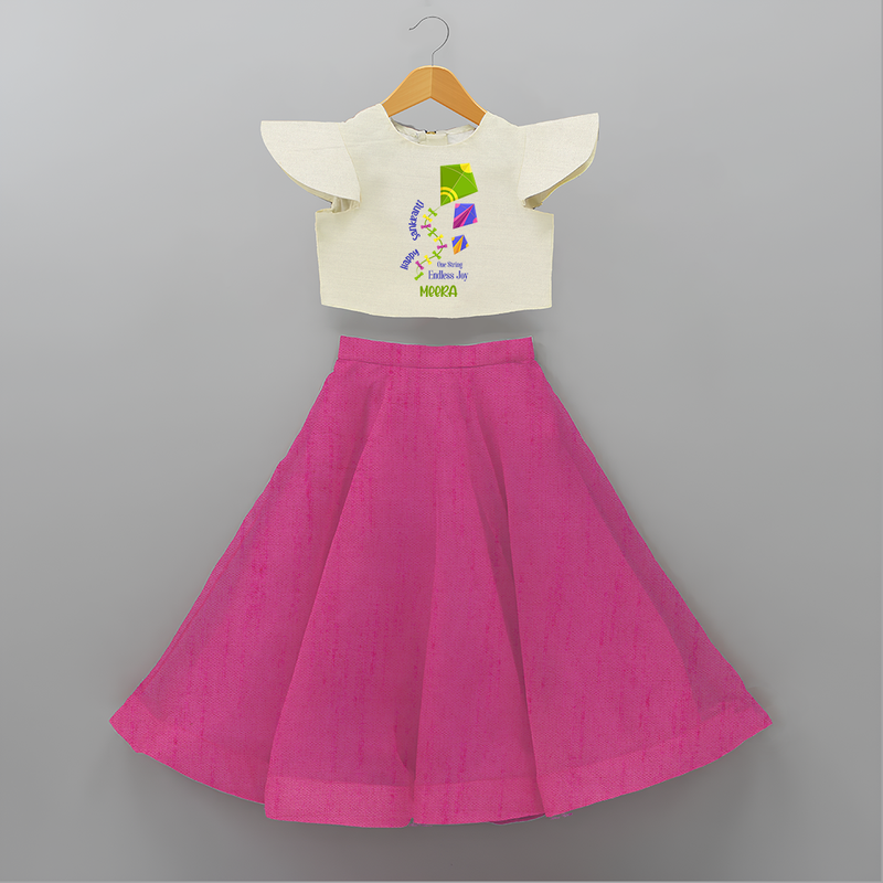 Happy Sankranti - One String Endless Joy Crop Top And Skirt for kids with Name - FUSCHIA - 6 - 9 Months Old (Chest 20" , Frock Waist 20")