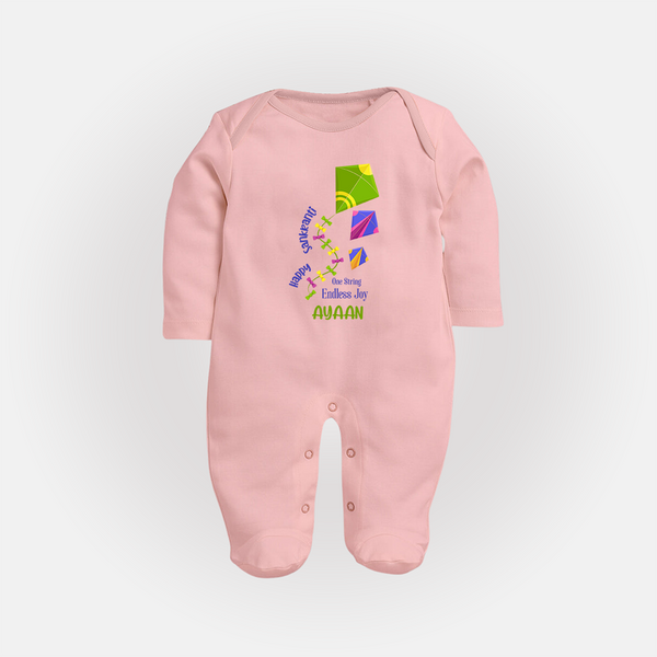 Happy Sankranti one string endless joy | Customized FullBody Suit with Name - BABY PINK - New Born (Chest 7.5")