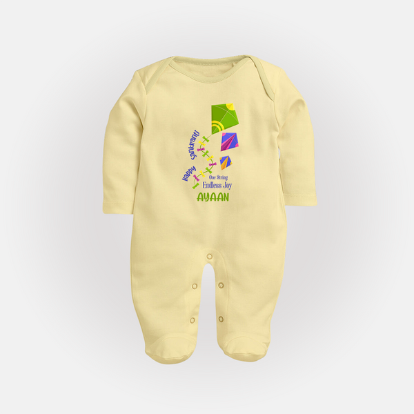 Happy Sankranti one string endless joy | Customized FullBody Suit with Name - PASTEL YELLOW - New Born (Chest 7.5")