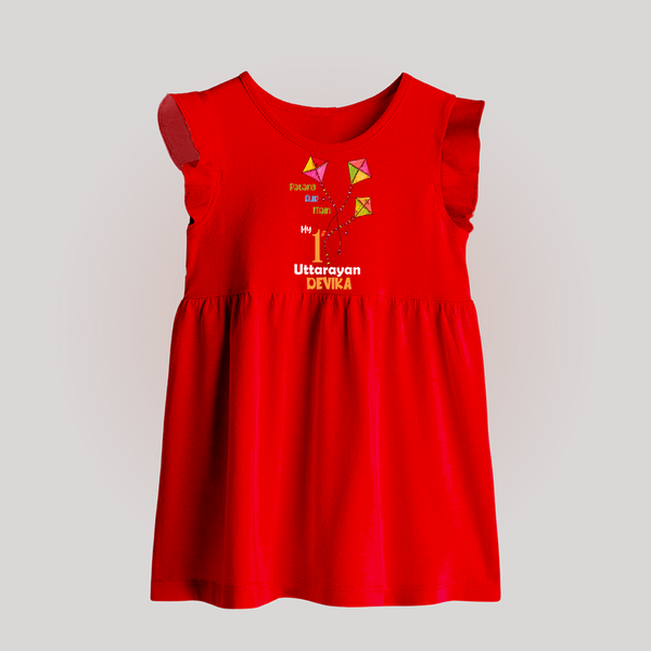 My 1st Uttarayan - Patang Aur Main Customized Baby Frock for Babies with Name - RED - 0 - 3 Months Old (Chest 17")