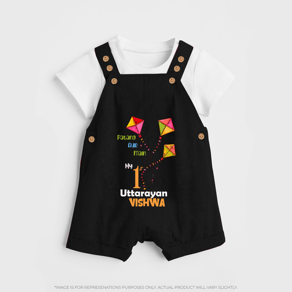 My 1st Uttarayan - Patang Aur Main Customized Dungaree Set for Kids with Name - BLACK - 0 - 5 Months Old (Chest 18")