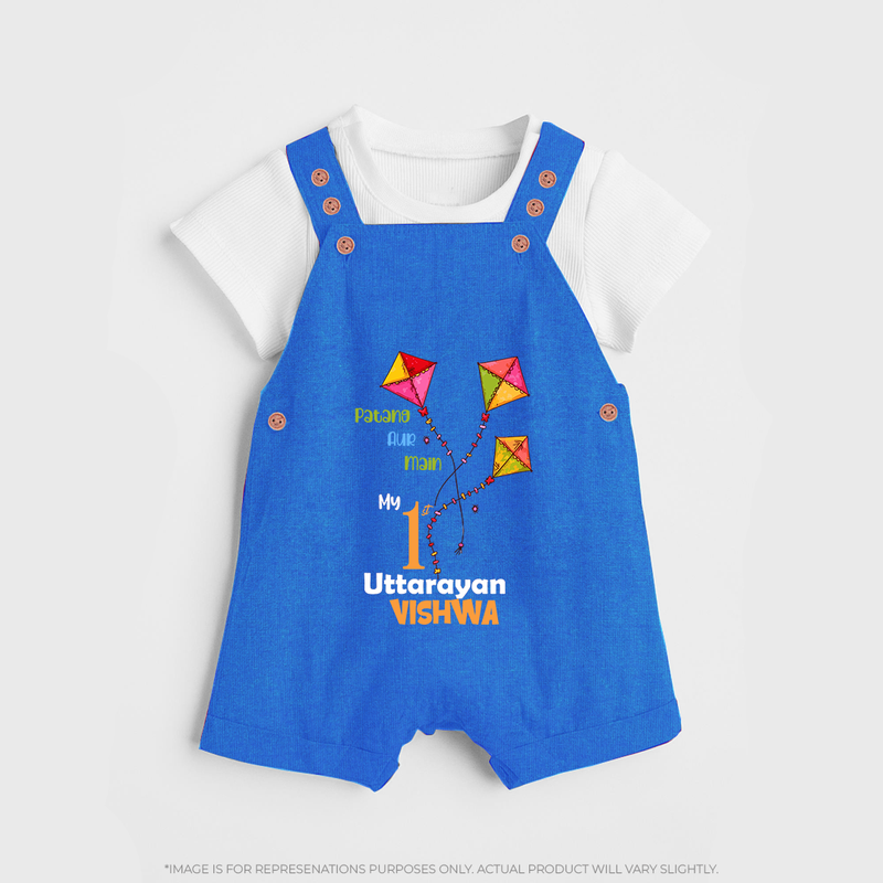 My 1st Uttarayan - Patang Aur Main Customized Dungaree Set for Kids with Name - COBALT BLUE - 0 - 5 Months Old (Chest 18")