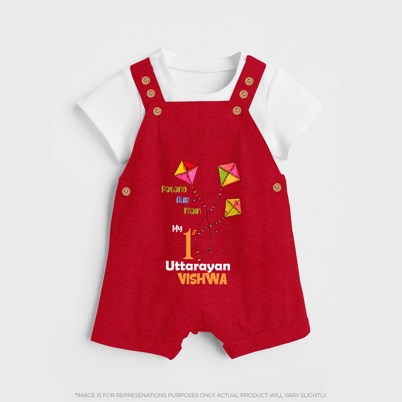 My 1st Uttarayan - Patang Aur Main Customized Dungaree Set for Kids with Name - RED - 0 - 5 Months Old (Chest 18")